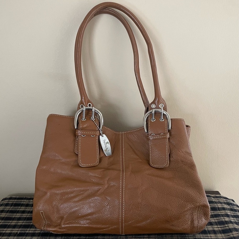 TIGNANELLO Brown Genuine Leather Shoulder Bag  Double Strap Buckle Tote GUC #304
